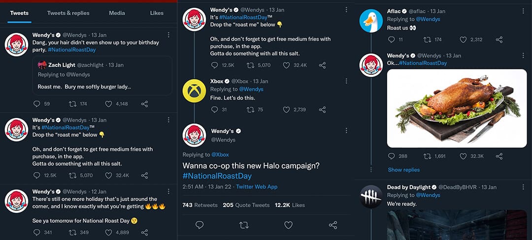 compilation of screenshots showing Wendy's roasting other brands on Twitter