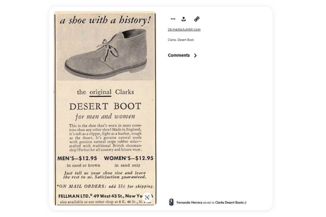 screenshot from Pinterest of information showing the history of Clarks Desert Boots